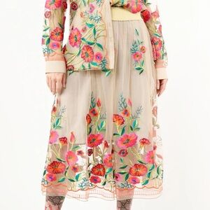 NWT Aratta Vintage Tulip Floral Embroidered Skirt - Pink and Green